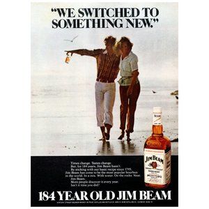 1979 Jim Beam Bourbon Vintage Print Ad Couple on Beach Seabirds Nature Wall Art